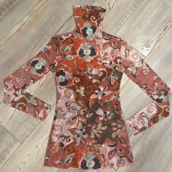 Misa Los Angeles Nadja Pink Floral Mesh Fitted Turtleneck Long Sleeve Blouse - Picture 3 of 12